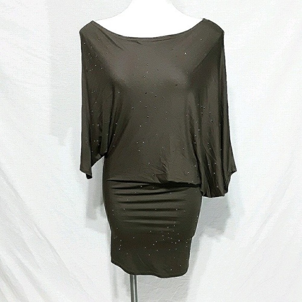 Vintage Freshine 80s Gold Studded Dolman Sleeve Mini Dress Medium Draped Top